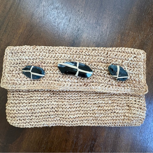 Tommy Bahama Raffia Clutch 12”x7” with 3 Raw Cut Stones Accent Clasp Flap Suede - Picture 10 of 10